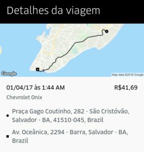 Trajeto e preço de Uber desde o Aeroporto até o centro e a orla de Salvador.